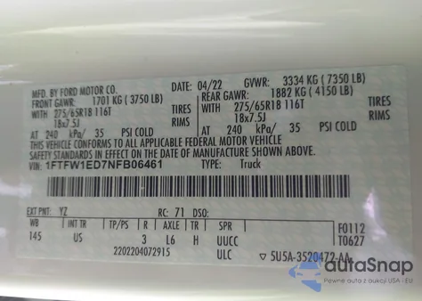 2022 Ford F-150 Xlt из США, поврежденный, VIN 1FTFW1ED7NFB06461